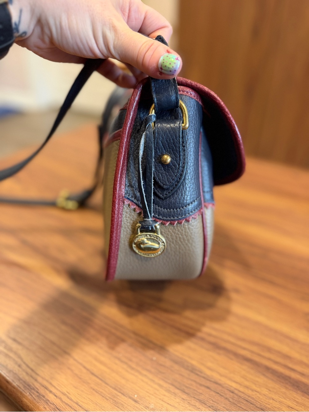 Dooney & Bourke Navy, Taupe & Burgundy Pebbled Leather Crossbody - Picture 6 of 16